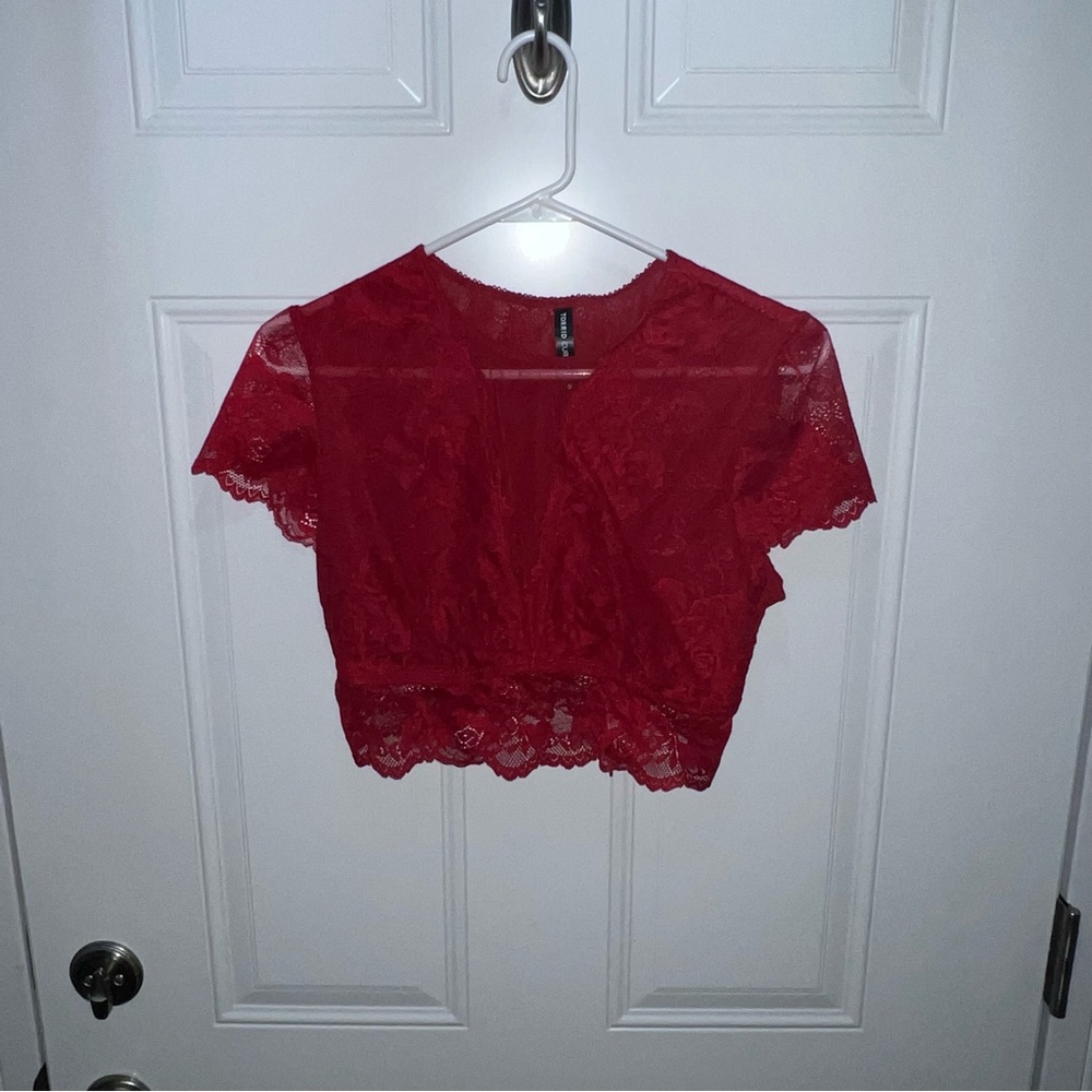 Torrid FLORAL LACE SHORT SLEEVE CROP TOP Red Size 0 - Picture 6 of 6